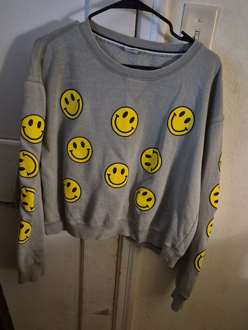 Womens Gray Crewneck Sweatshirt with Yellow Smiley Faces